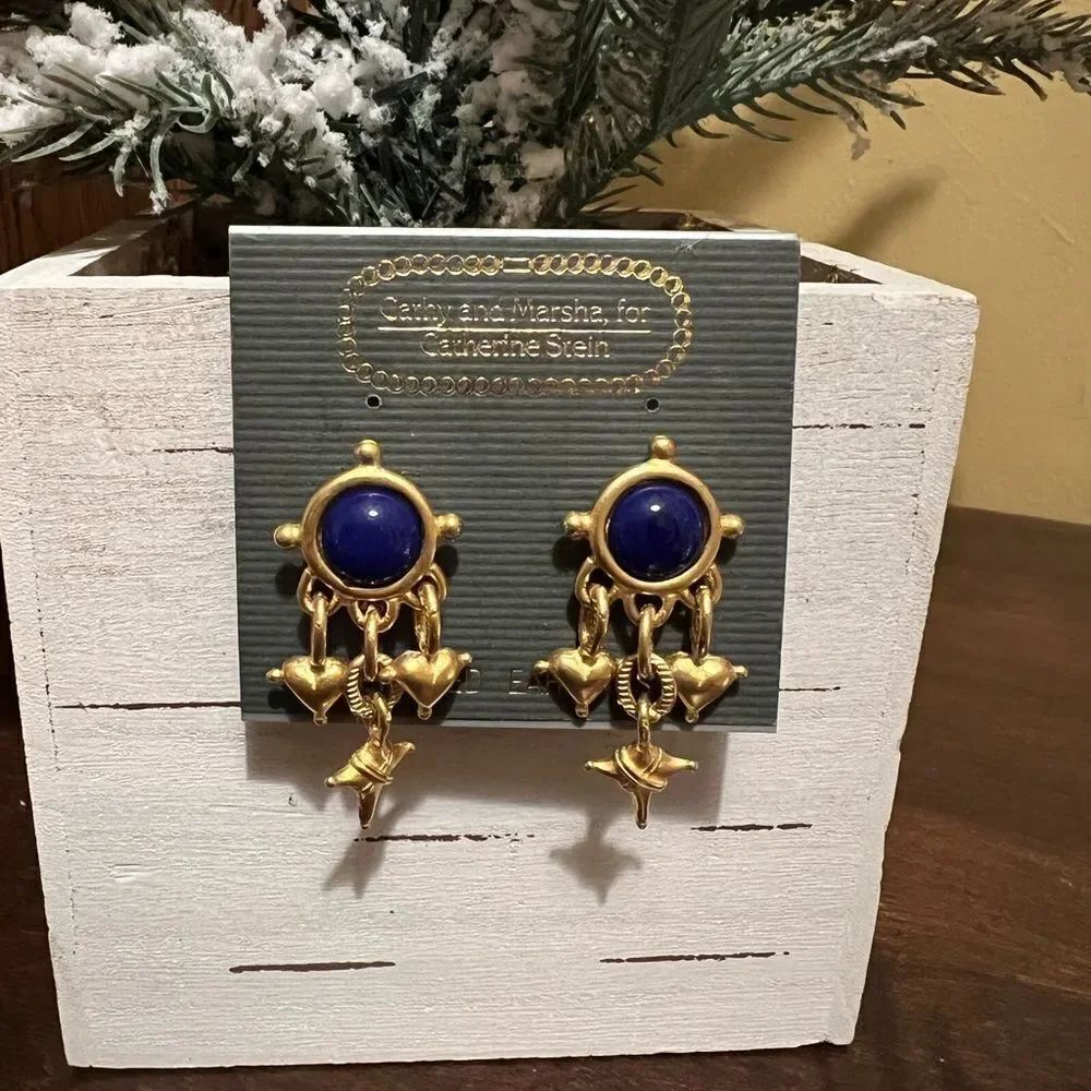 🆕 VINTAGE CATHY AND MARSHA FOR CATHERINE STEIN BLUE GOLD HEART EARRINGS
